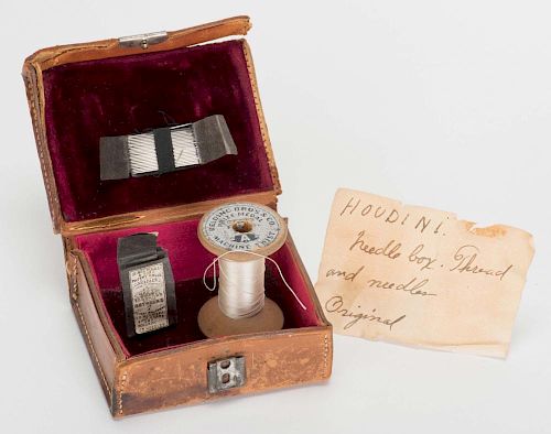 Houdini Needle Trick. Including an antique leather box (4 x 3 x 2о) lined with satin, containing a w