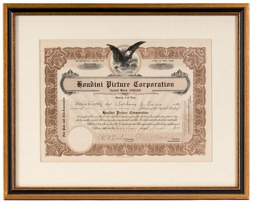 Houdini, Harry. Signed Stock Certificate in the Houdini Picture Corporation. New York, June 1921. Fi