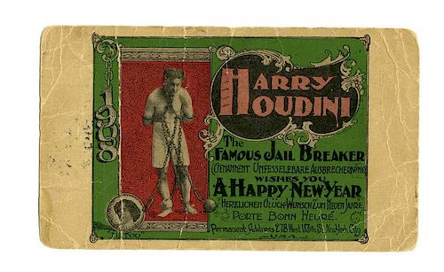 Houdini, Harry. Houdini The Famous Jail Breaker Happy New Year Postcard. [New York], 1907. Color lit