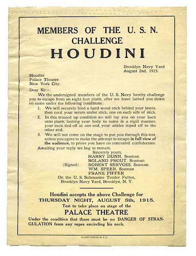 Houdini, Harry. Houdini U.S. Navy Plank Escape Challenge. New York: Pusey Press, 1915. Letterpress c