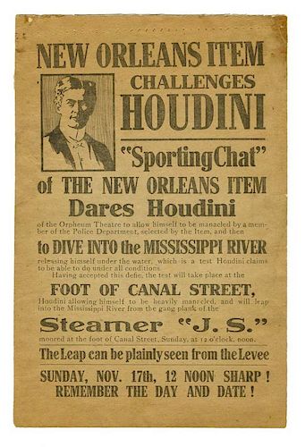 Houdini, Harry. New Orleans Item Challenges Houdini/ Manacled Dive Into The Mississippi River. Circa