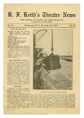 Houdini, Harry. B.F. KeithНs Theatre News V17 N13. Washington, D.C., Nov. 23, 1914. Pictorial wraps,