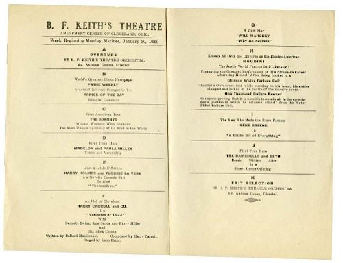 Houdini, Harry. B.F. KeithНs Theatre Matinee Program Featuring Houdini. Cleveland, January 30, 1922.