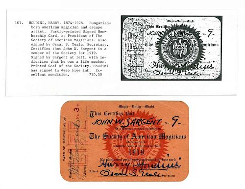 Houdini, Harry. Society of American Magicians Membership Card Signed by Houdini. Orange card stock p
