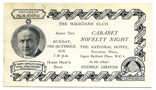 Houdini, Harry. The MagiciansН Club 1926 Invitation. For Sunday, October 10, 1926. Invitation and ti