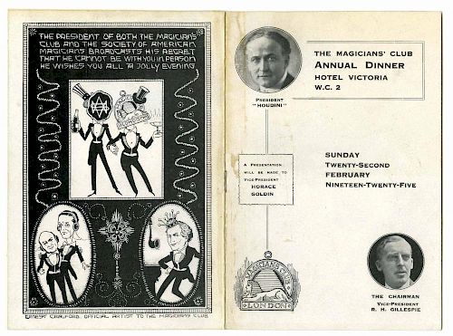 Houdini, Harry. The MagiciansН Club 1925 Annual Dinner Menu/Program. London, February 22, 1925. 8vo.