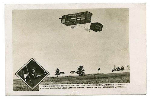 Houdini, Harry. Real Photo Postcard of Houdini Piloting Airplane [Signed]. [Australia], March 15, 19