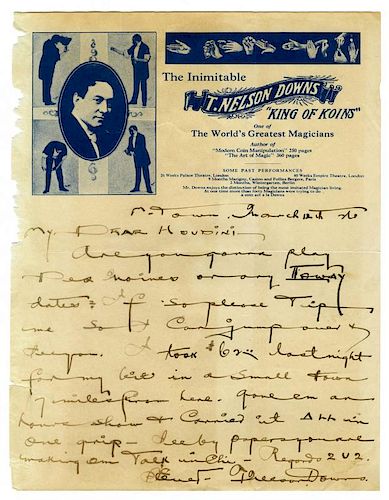 Downs, T. Nelson. Autograph Letter Signed, сT. Nelson Downs,о to Harry Houdini. Marshalltown, Iowa: