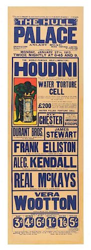Houdini, Harry. Houdini. Water Torture Cell. [Hull], 1913. Letterpress broadside for performances at