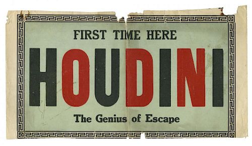 Houdini, Harry. Houdini Poster Fragment. Circa 1910. Text in black and red over a light green field