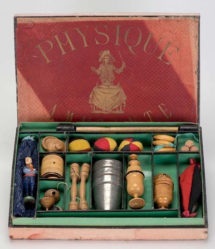 Physique Amusante Magic Set. French, ca. 1870. Handsome and elaborate set with gilt decorated box in