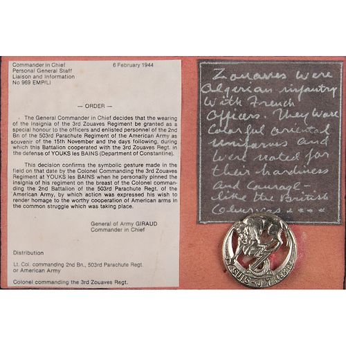 William P. Yarborough&#39;s French 3rd Zouave Regiment Signed Badge Display with Handwritten Notes