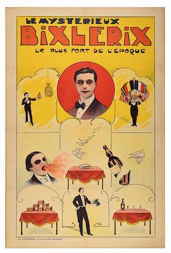 Bixlerix. Le Mysterieux Bixlerix. Brussels: Pepermans, ca. 1920. Bright and cartoonish poster shows
