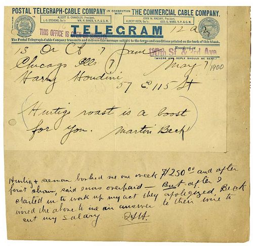 Houdini, Harry. Group of Three Telegrams from HoudiniНs Manager, Martin Beck, and Richard Pitrot, An