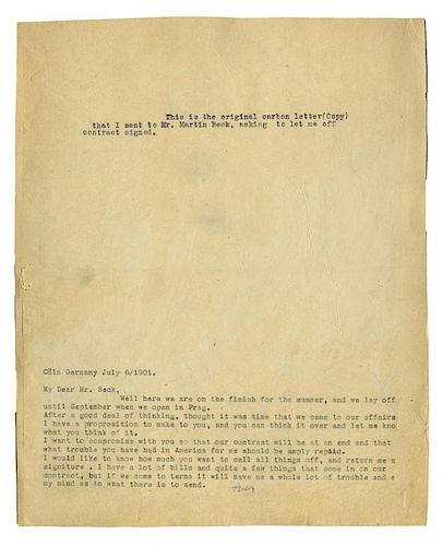 Houdini, Harry. HoudiniНs Carbon Copy Letter To Martin Beck Requesting Contract Release. Germany, 19