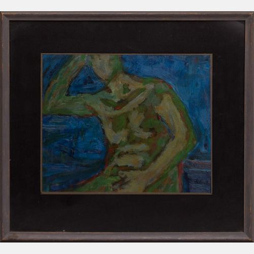 William Schock (1913-1976) Seated Green Nude, Polymer on panel,