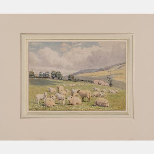 William Sidney Cooper (1854-1927) Resting Sheep in a Landscape, Watercolor on board,
