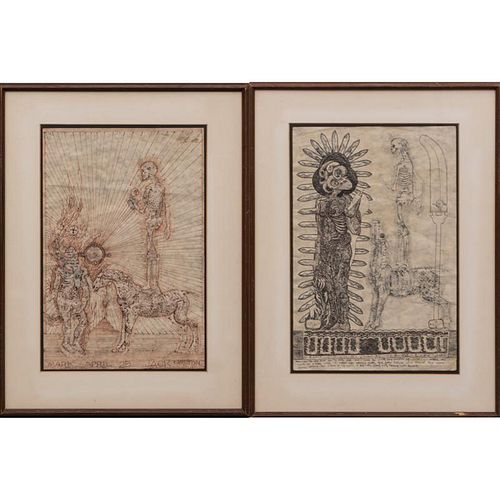 Jack Carlton (20th Century) Two Drawings, Ink on parchment.
