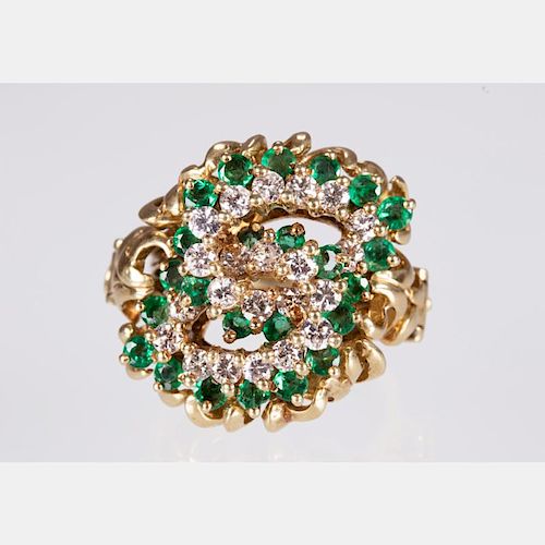 An 18kt. Yellow Gold, Diamond and Emerald Cocktail Ring,