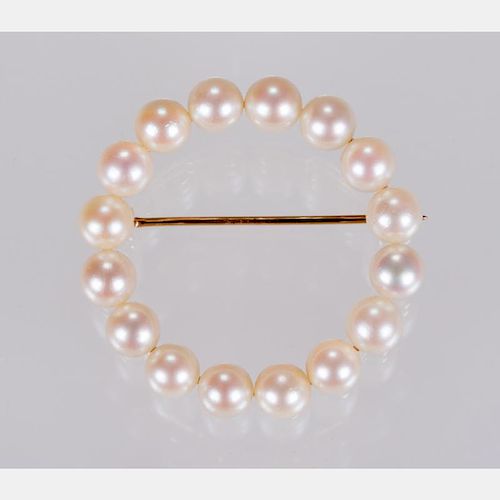 A 14kt. Yellow Gold and Akoya Cultured Pearl Brooch,