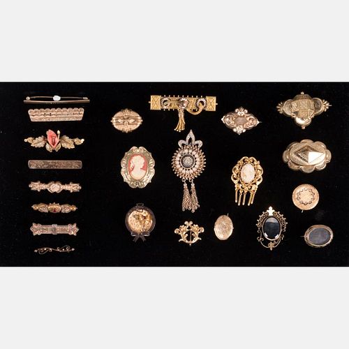 A Miscellaneous Collection of Low Karat Yellow Gold Brooches, 19th/20th Century,
