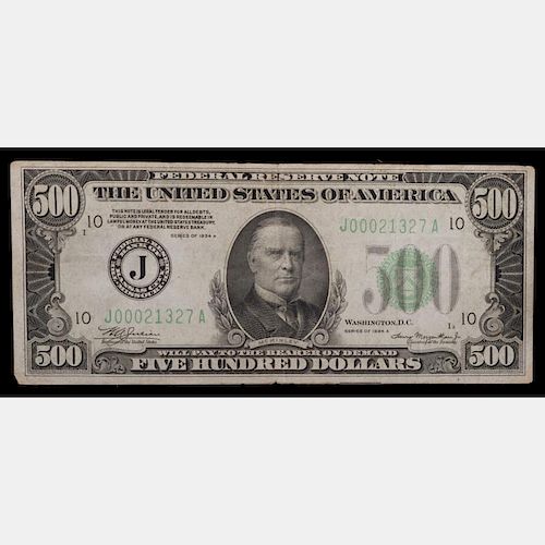 A 1934 United State of America Federal Reserve $500 Bank Note,