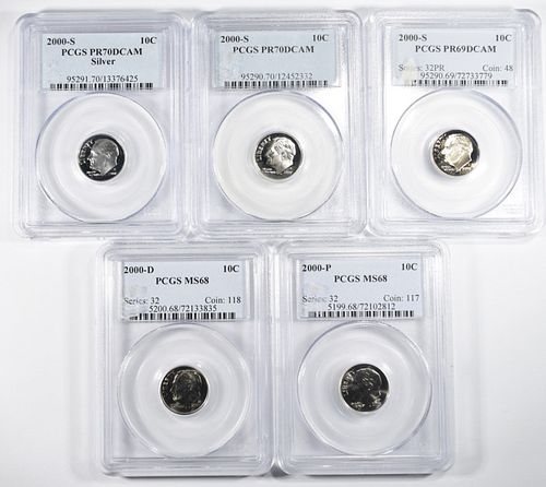 LOT OF 5 PCGS GRADED ROOSEVELT DIMES: