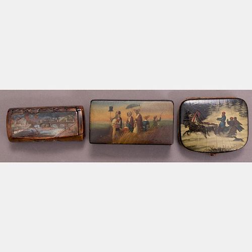 A Group of Three Papier Mâché, Lacquered and Painted Burl Wood Boxes, 19th Century.