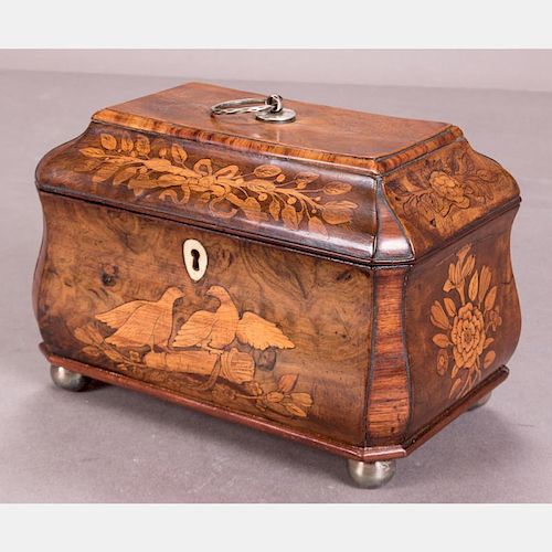 An English Bombe Shaped Tea Caddy with Marquetry Decoration, 19th Century.