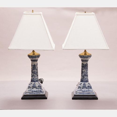 A Pair of Chinese Blue and White Porcelain Lamps,