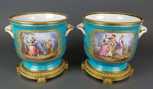 Pair of 19th C. Sevres Turquoise Blue Jardinieres