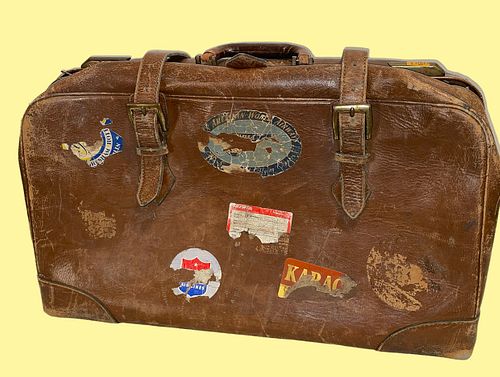 Vintage Leather Suitcase with Travel Stickers