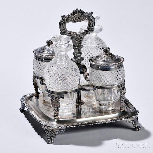 George III/IV Sterling Silver Condiment Set, London, stand 1819-20, George Burrows II, maker, silver-mounted glass items: 1822-23, Thom