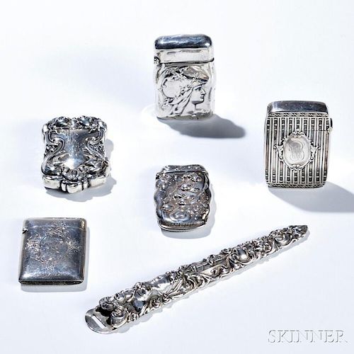 Six Pieces of American Sterling Silver, early 20th century, three pieces by Unger Brothers including two matchsafes: one with a classic