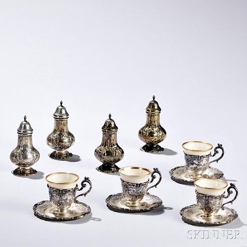 Eight Pieces of Reed & Barton Sterling Silver Tableware, Taunton, Massachusetts, demitasse: 1935, shakers: 1951, four "Francis I" patte