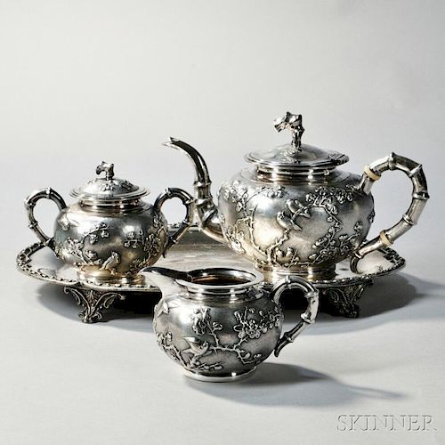 Three-piece Chinese Export Silver Tea Service with Associated Silver-plated Tray