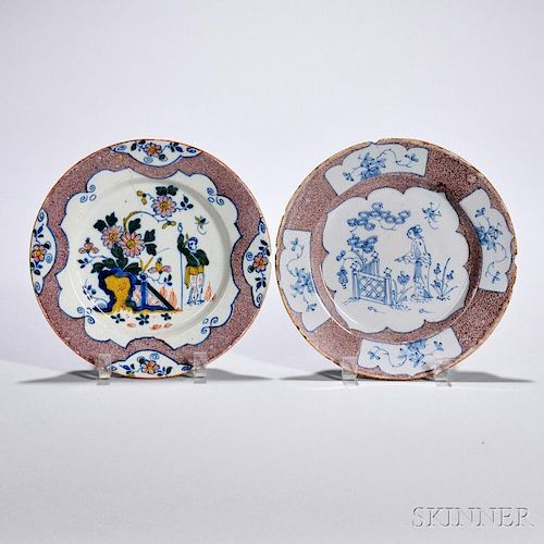 Two Tin-glazed Earthenware Powder Manganese Decorated Plates