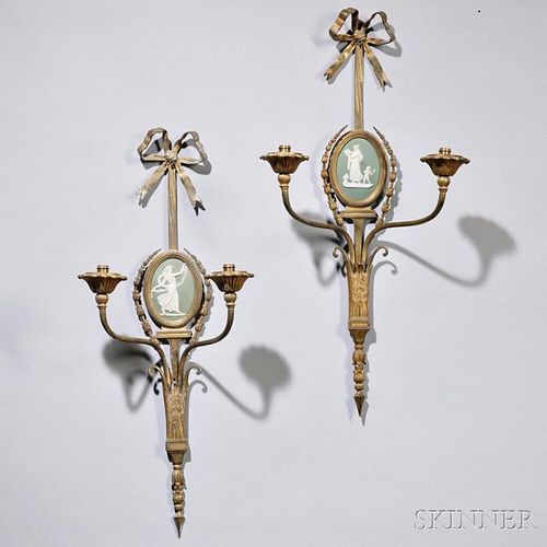 Pair of Adam-style Wedgwood-mounted Brass Wall Sconces