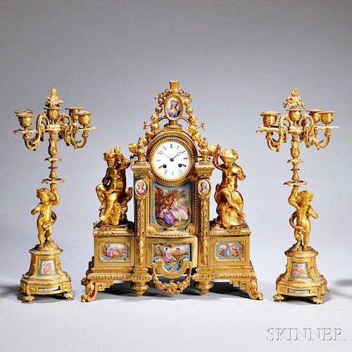 Assembled Porcelain-mounted Gilt-bronze Clock Garniture