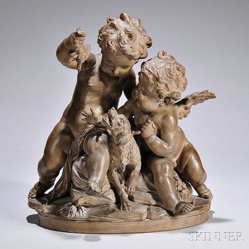 French School, Late 19th/Early 20th Century       Terra-cotta Group of Two Putti and a Hound