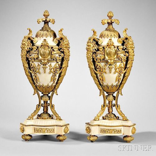 Pair of Louis XVI-style Ormolu-mounted Marble Urns
