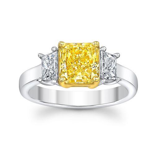 Fancy Yellow Radiant Diamond Prong Set Three Stone Engagement Ring 