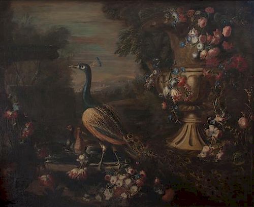 * Continental School, (18th/19th century), Peacock, Ducks and Large Urn of Flowers in Landscape