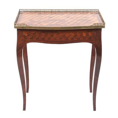 * A French Brass Mounted Parquetry Side Table Height 27 x width 23 1/4 x depth 14 1/2 inches.