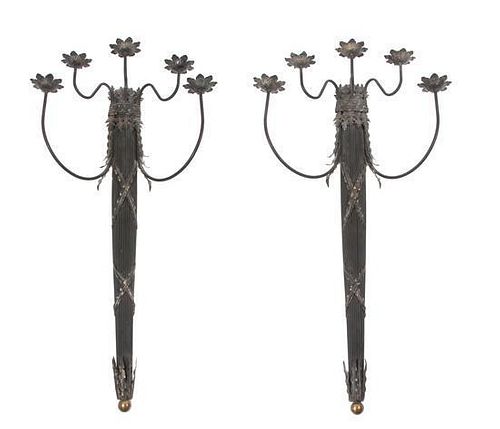 A Pair of Metal Five-Light Sconces Height 43 inches.