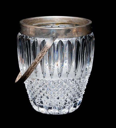 * An English Cut Glass and Silver Plate Handled Bottle Coaster Height 5 3/8 x diameter 4 1/4 inches.