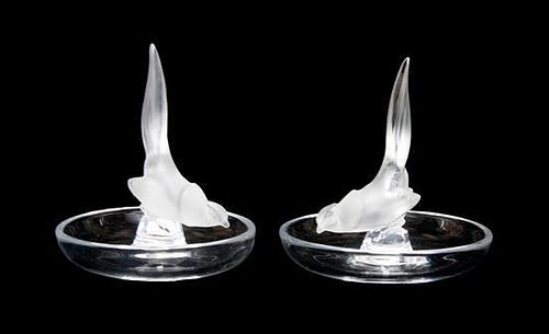 * A Pair of Lalique Molded and Frosted Glass Ring Trays Height 4 x diameter 3 3/4 inches.