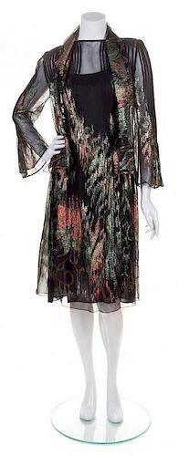 * A Pauline Trigere Black Silk and Metallic Dress,