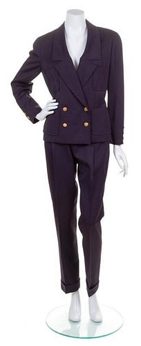 A Chanel Navy Pant Suit, Size 42.