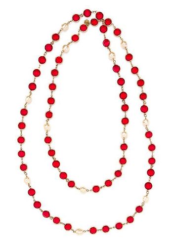 A Chanel Red Crystal and Pearl Sautoir, 54".